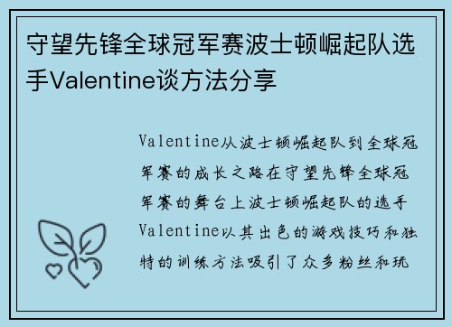 守望先锋全球冠军赛波士顿崛起队选手Valentine谈方法分享